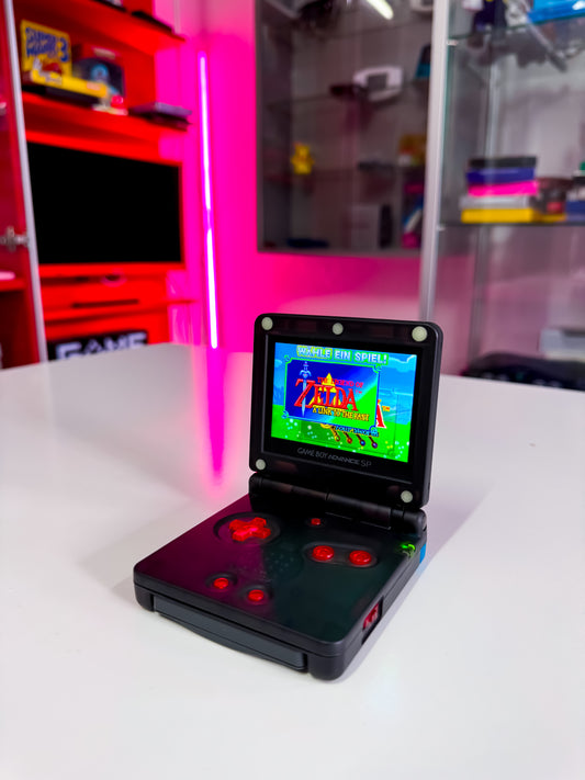 GameBoy Advance SP mit IPS Display V5 - Black Red Transparent